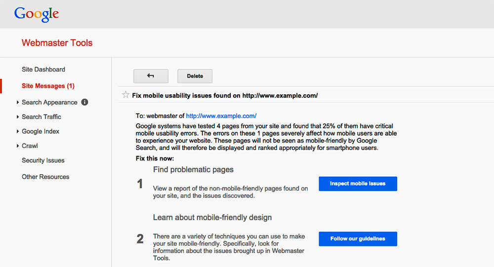 Google Search Console Mobile Device Issue Warning Page