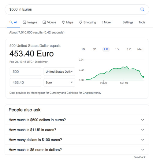 Google search results screenshot Google search result for currency conversions